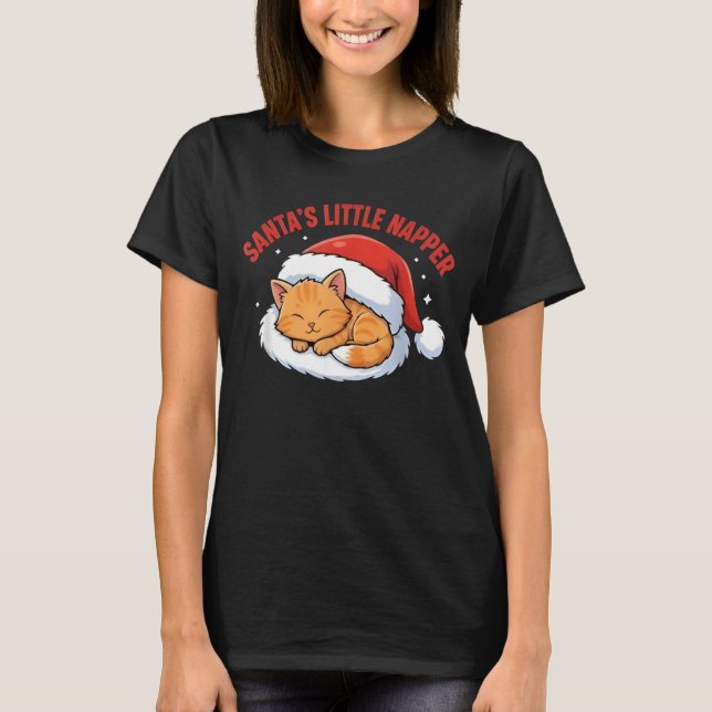 Santa’s Little Napper Cute Christmas Funny Cat T-Shirt (Front)