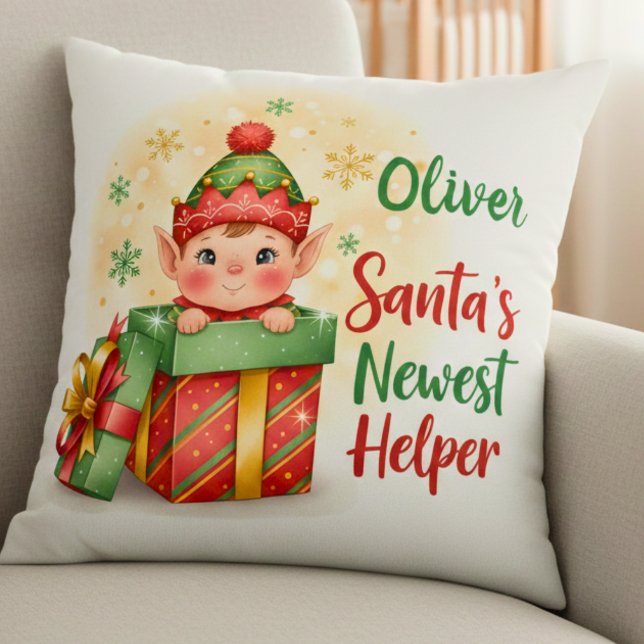 Santa’s Newest Helper Christmas Cute Elf Gift Box Cushion (Creator Uploaded)