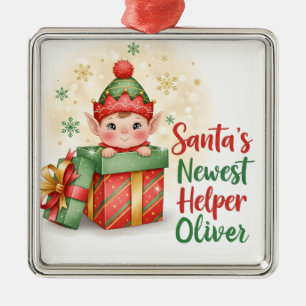 Santa’s Newest Helper Christmas Cute Elf Gift Box Metal Tree Decoration