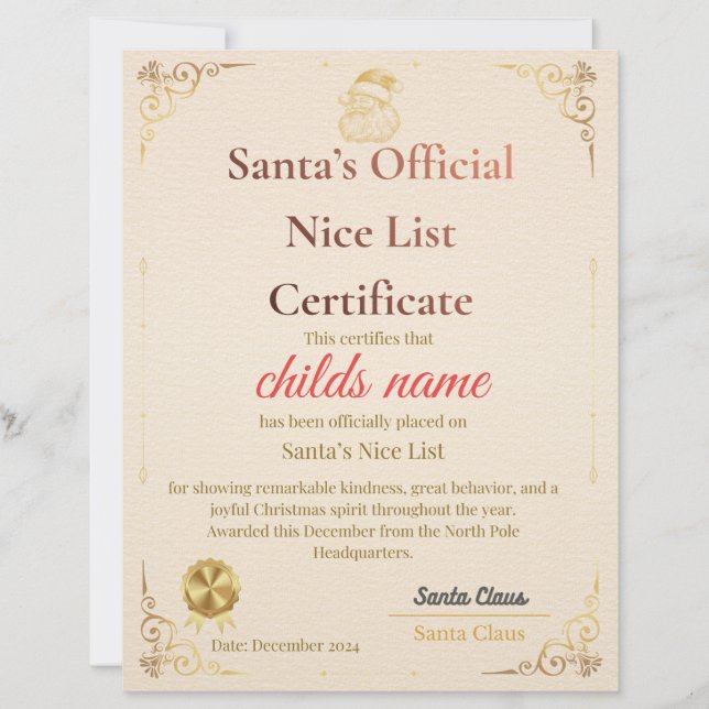 Santa’s Nice List Certificate   Custom Letterhead (Front)