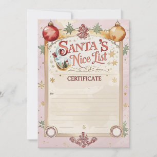 Santa’s Nice List Certificate Pastel Pink & Gold Invitation