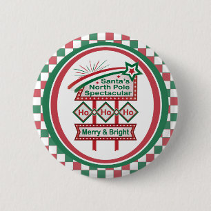 Santa’s Retro Marquee – Ho Ho Ho Merry & Bright 6 Cm Round Badge