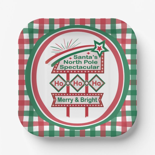 Santa’s Retro Marquee – Ho Ho Ho Merry & Bright Paper Plate (Front)