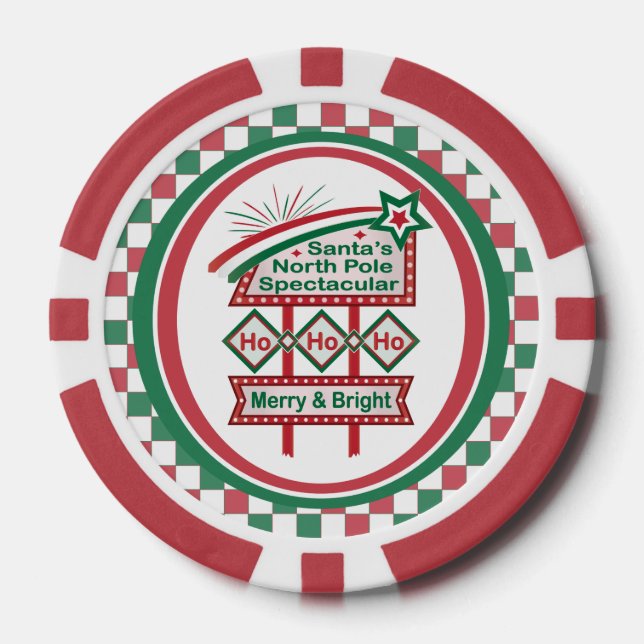 Santa’s Retro Marquee – Ho Ho Ho Merry & Bright Poker Chips (Front)