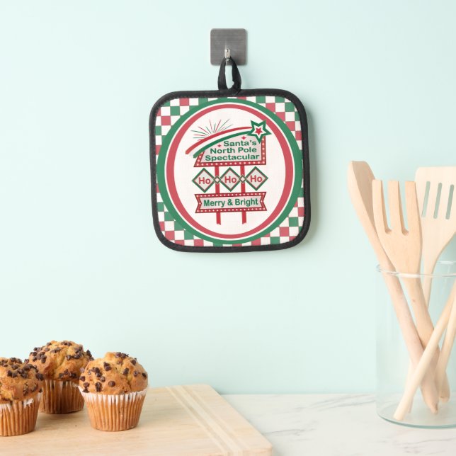 Santa’s Retro Marquee – Ho Ho Ho Merry & Bright Pot Holder (Insitu(Hanging))
