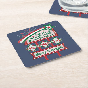 Santa’s Retro Marquee – Ho Ho Ho Merry & Bright Square Paper Coaster