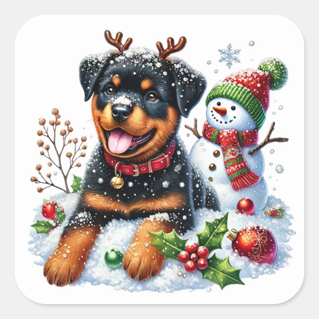 Santa’s Rottie Reindeer Recruit! Square Sticker (Front)
