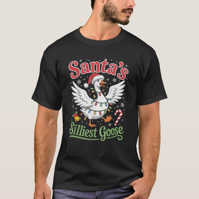 Santa s Silliest Goose Lights Stars Funny Christma T-Shirt (Front)