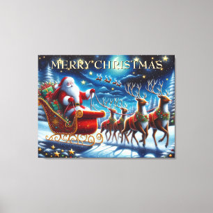 Santa’s Sleigh and Reindeer on Christmas Night Canvas Print