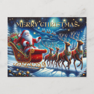 Santa’s Sleigh and Reindeer on Christmas Night Holiday Postcard