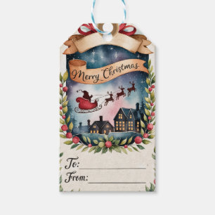 Santa’s Sleigh Over Snowy Village Gift Tags
