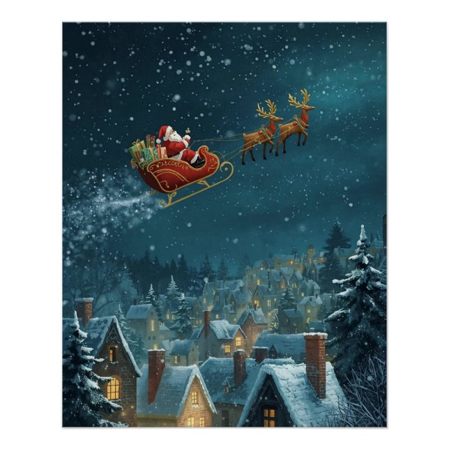 Santa’s Sleigh over the town Poster (Front)