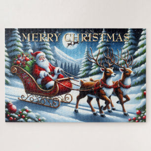 Santa’s Sleigh Through Snowy Forest at Christmas Jigsaw Puzzle