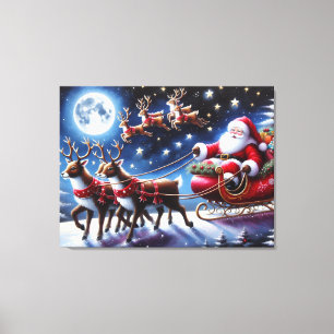 Santa’s Sleigh with Reindeer on Christmas Night Canvas Print