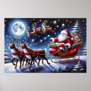 Santa’s Sleigh with Reindeer on Christmas Night Poster