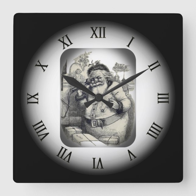 Santa’s Window ~ Hello Santa ~ On Old Telephone ~ Square Wall Clock (Front)
