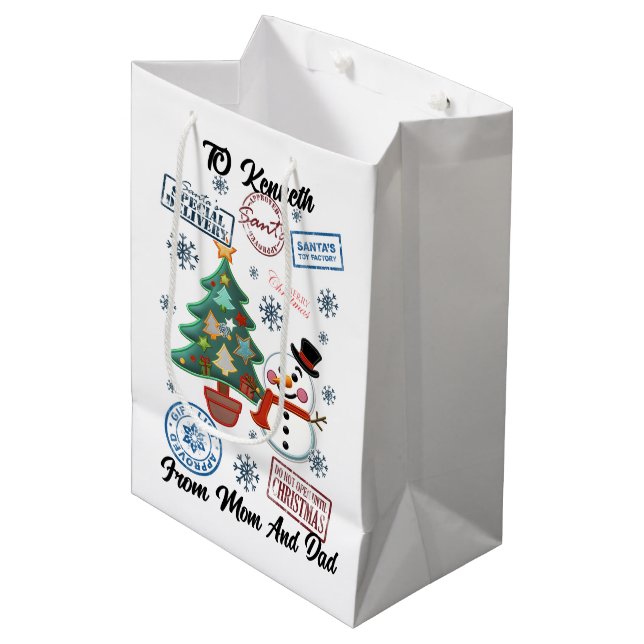 Santa Sack With Holiday Snowman Medium Gift Bag (Front Angled)