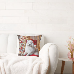 Santa Samoyed Dog On a Red Chair Cushion
