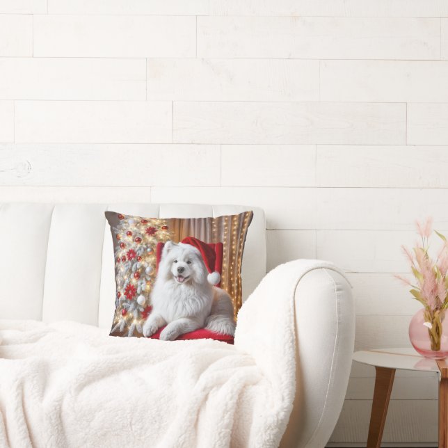 Santa Samoyed Dog On a Red Chair Cushion (Couch)