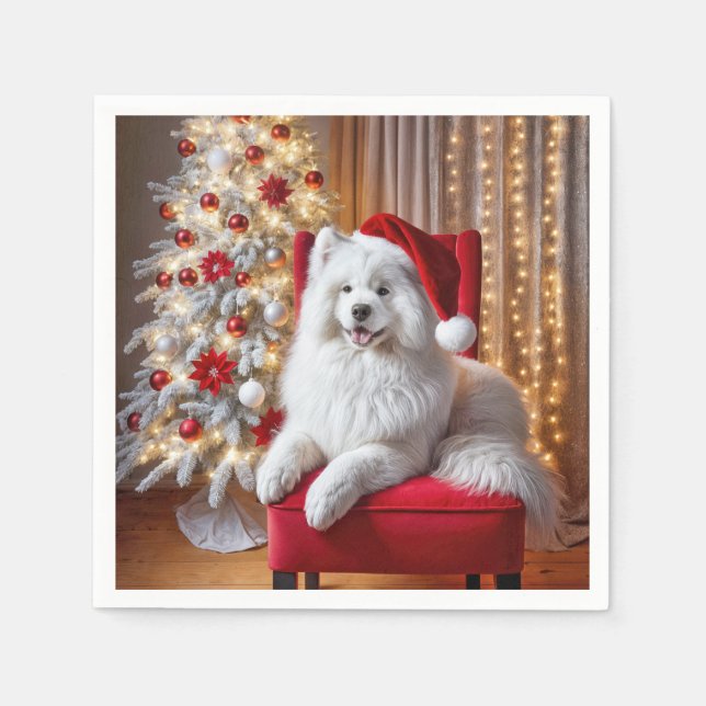 Santa Samoyed Dog On a Red Chair Napkin (Front)