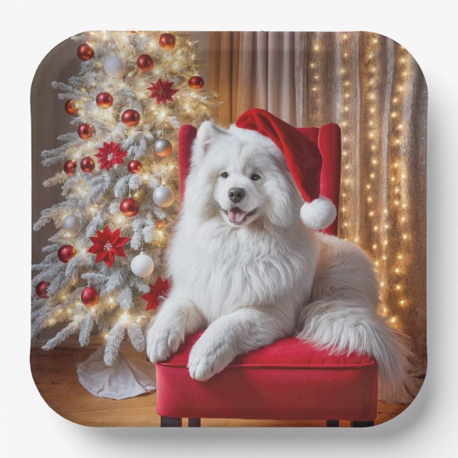 Santa Samoyed Dog On a Red Chair Paper Plate (Front)