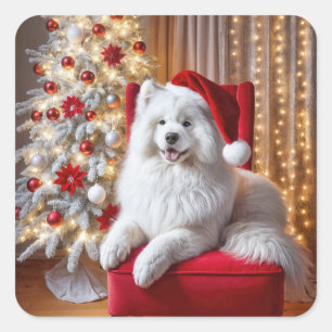 Santa Samoyed Dog On a Red Chair Square Sticker
