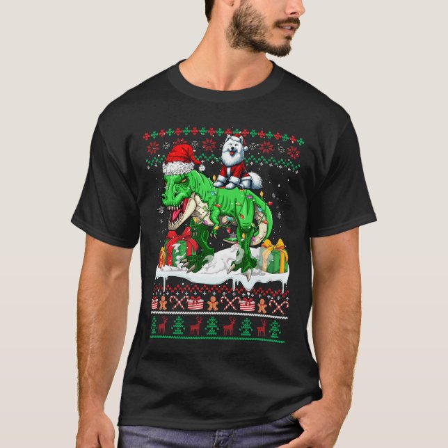 Santa Samoyed Riding T-rex Christmas Sweater Lover (Front)