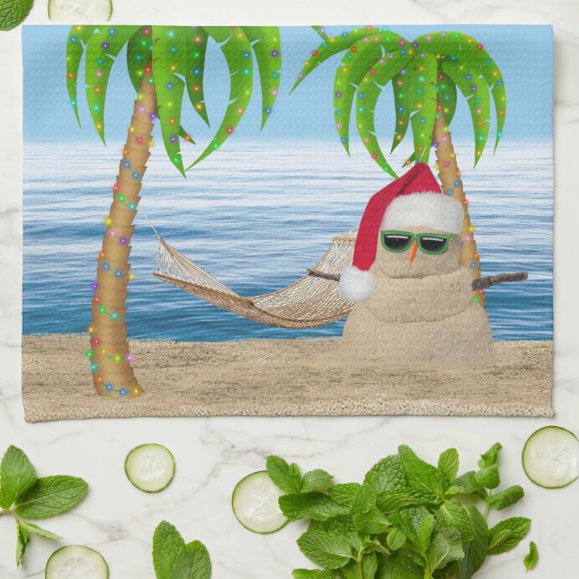 Santa Sandman With Palm Trees Tea Towel (Folded)