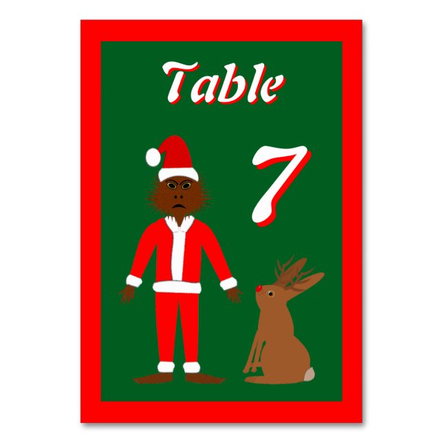 Santa Sasquatch and Jackalope Christmas Custom Table Number (Front)