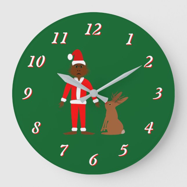 Santa Sasquatch and Jackalope Christmas Large Clock (Front)