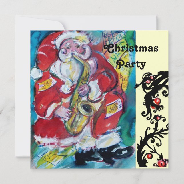 SANTA & SAX, CHRISTMAS PARTY Gold Metallic Invitation (Front)