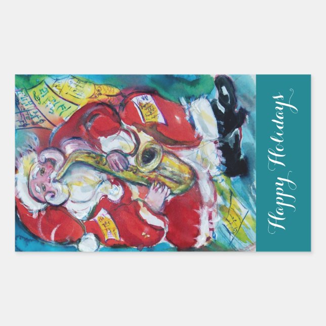 SANTA & SAX, MUSICAL CHRISTMAS PARTY RECTANGULAR STICKER (Front)