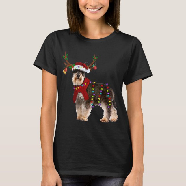 Santa Schnauzer reindeer Light Christmas T-Shirt (Front)