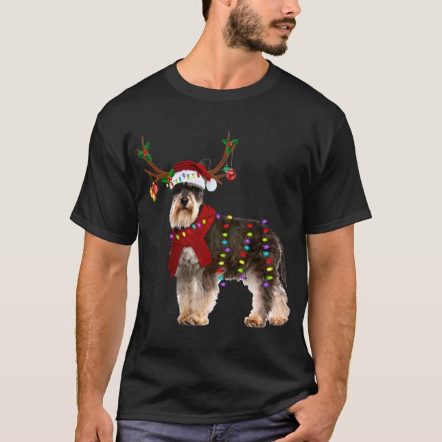 Santa Schnauzer reindeer Light Christmas T-Shirt (Front)