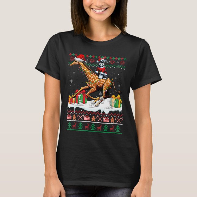 Santa Schnauzer Riding Giraffe Christmas Sweater L (Front)