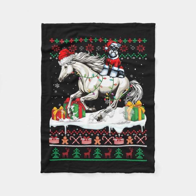 Santa Schnauzer Riding Horse Christmas Sweater Lov Fleece Blanket (Front)