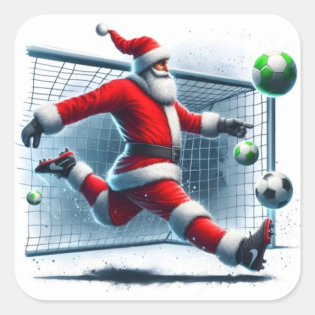 Santa Scores a Goal While Playing Soccer in Winter Square Sticker (Front)