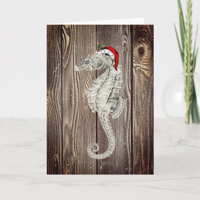 Santa Seahorse Rustic Wood Christmas Card (Front)