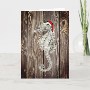 Santa Seahorse Rustic Wood Christmas Card