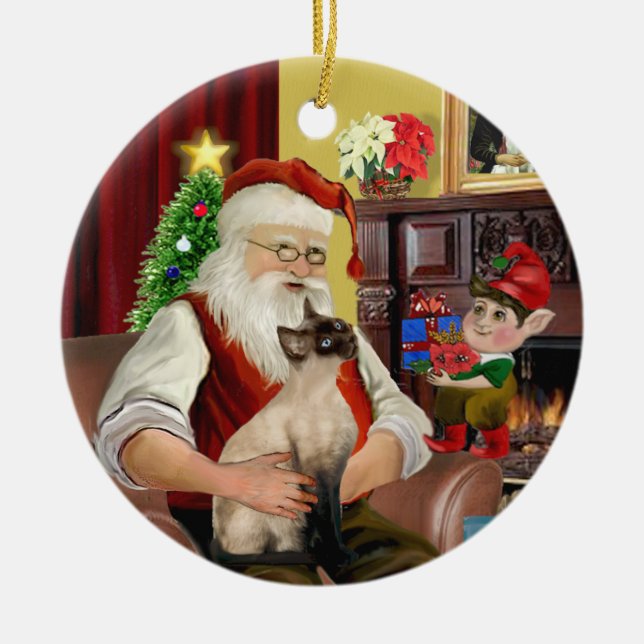 Santa - Seal Point Siamese cat Ceramic Tree Decoration (Front)