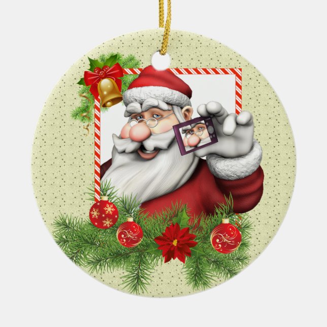 Santa Selfie Art Ceramic Christmas Ornament (Front)