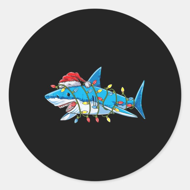Santa Shark Christmas Lights Sharkmas Tree Xmas Bo Classic Round Sticker (Front)