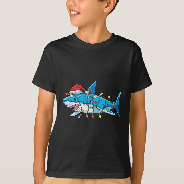 Santa Shark Christmas Lights Sharkmas Tree Xmas Bo T-Shirt (Front)