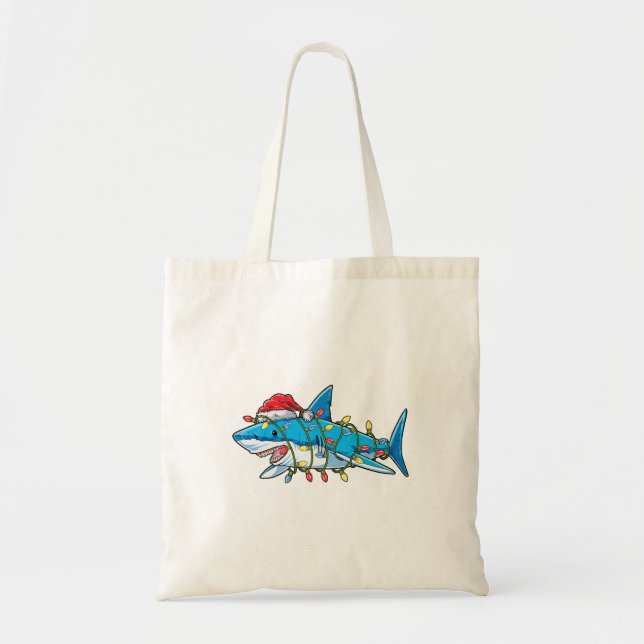 Santa Shark Christmas Lights Sharkmas Tree Xmas Bo Tote Bag (Front)