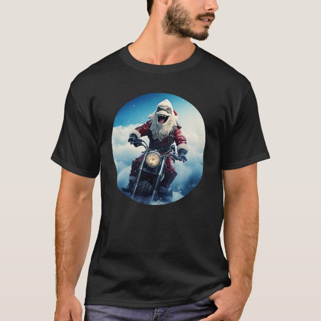Santa Shark on his Motorcycle on Christmas Eve T-Shirt (Front)
