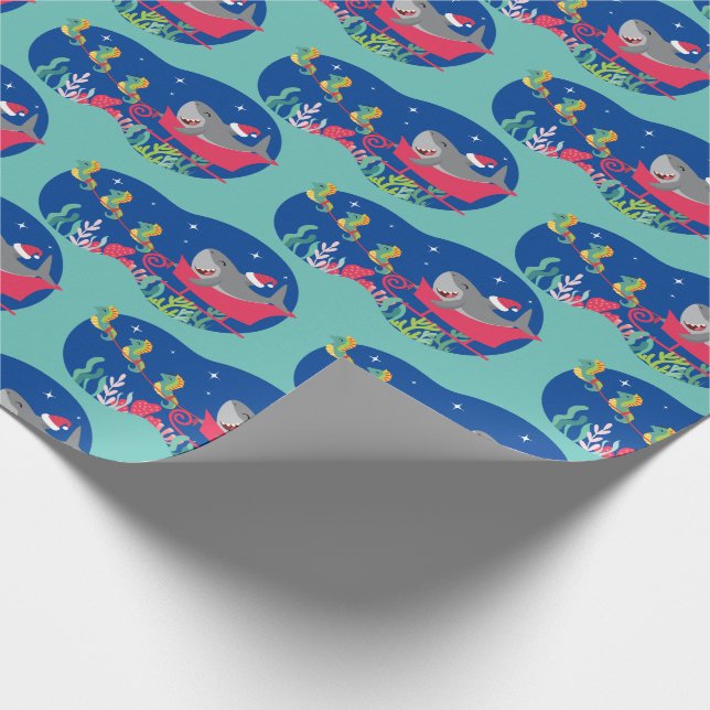 Santa Shark Riding Sled Wrapping Paper (Corner)