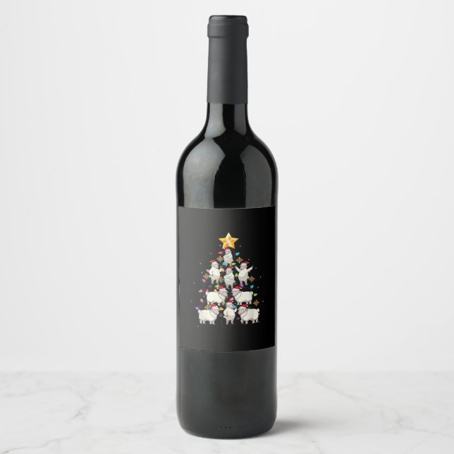 Santa Sheep Christmas Tree Lights Funny Sheep Gift Wine Label (Front)