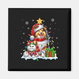 Santa Sheltie With Elf Cat Christmas Lights Owner  Magnet
