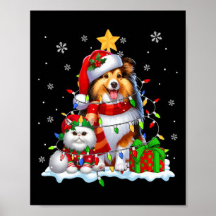 Santa Sheltie With Elf Cat Christmas Lights Owner  Poster