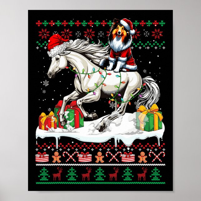 Santa Shetland Sheepdog Riding Horse Christmas Swe Poster (Front)